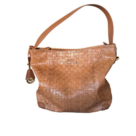 Piero Guidi Handbags - Piero Guidi Tan Embossed Leather Shoulder Bag With Gold Hardware